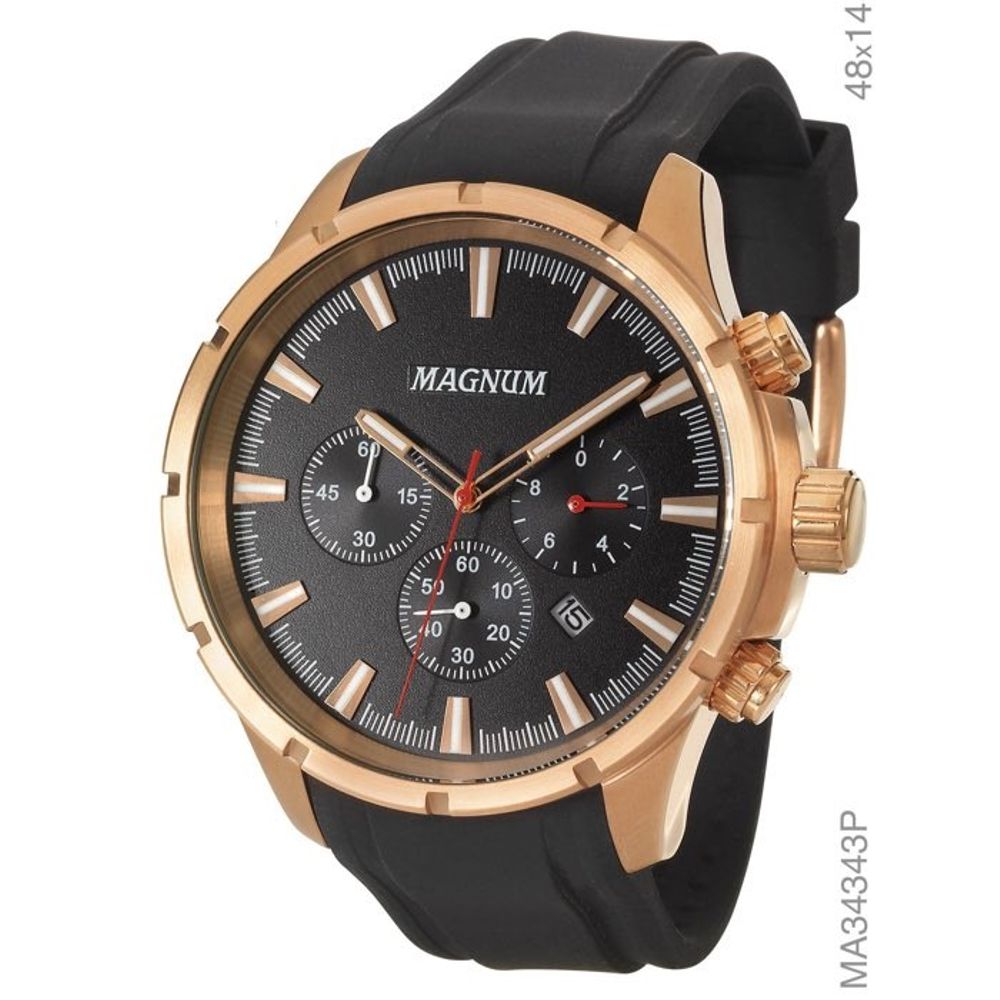 Relógio MAGNUM masculino cronógrafo dourado couro MA34147P - aconfianca