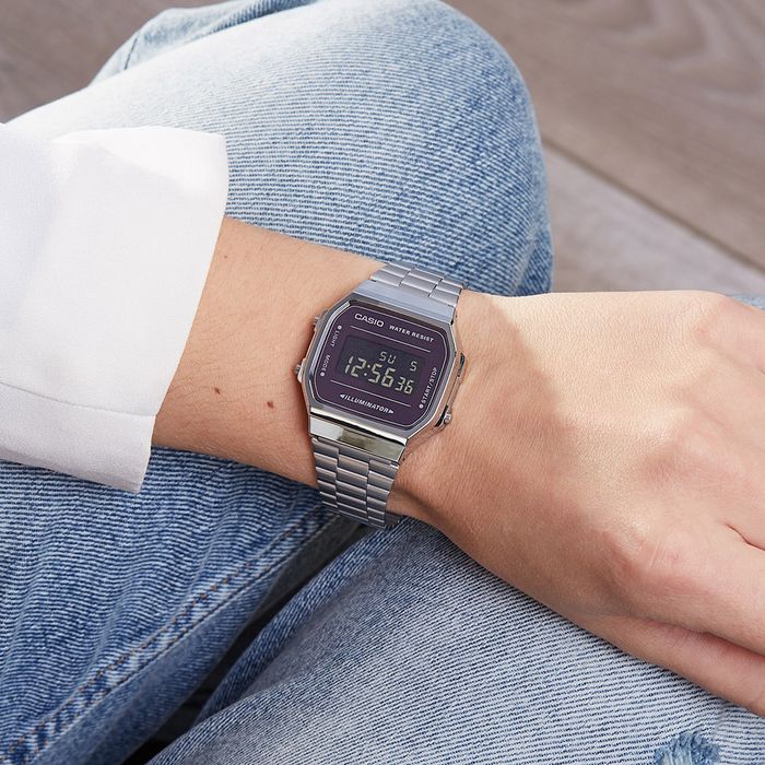 Relógio CASIO VINTAGE unissex digital prata/roxo A168WEM-1DF