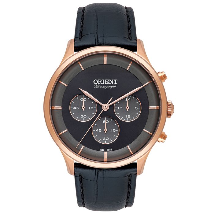 Relógio ORIENT masculino rosê couro cronógrafo MRSCC020 G1PX