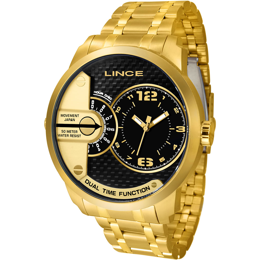 Relógio LINCE masculino Dual Time dourado MRGH049L P2KX - aconfianca