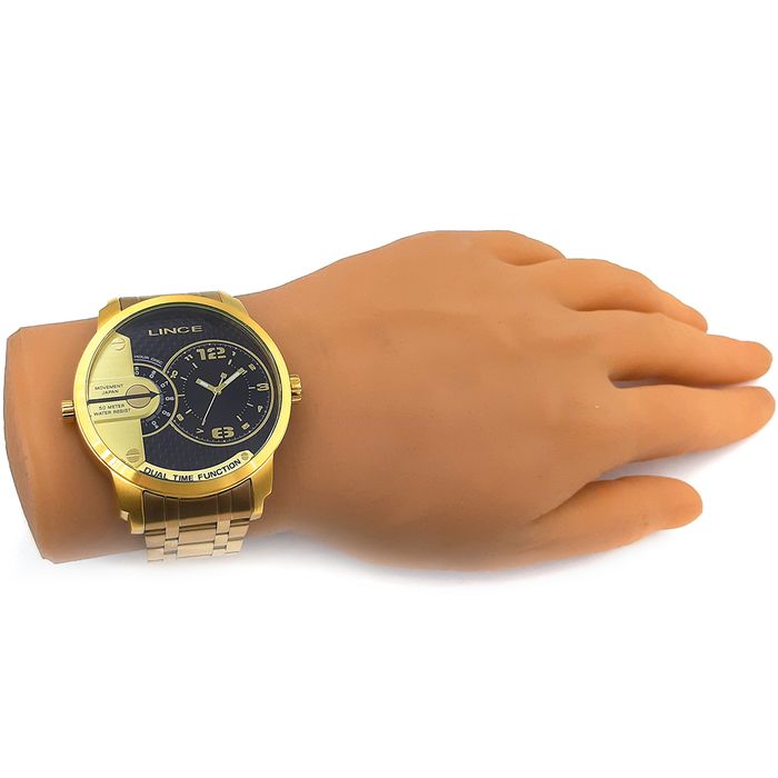 Relógio LINCE masculino Dual Time dourado MRGH049L P2KX - aconfianca