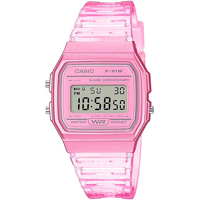 Relógio CASIO feminino digital rosa translúcido F-91WS-4DF