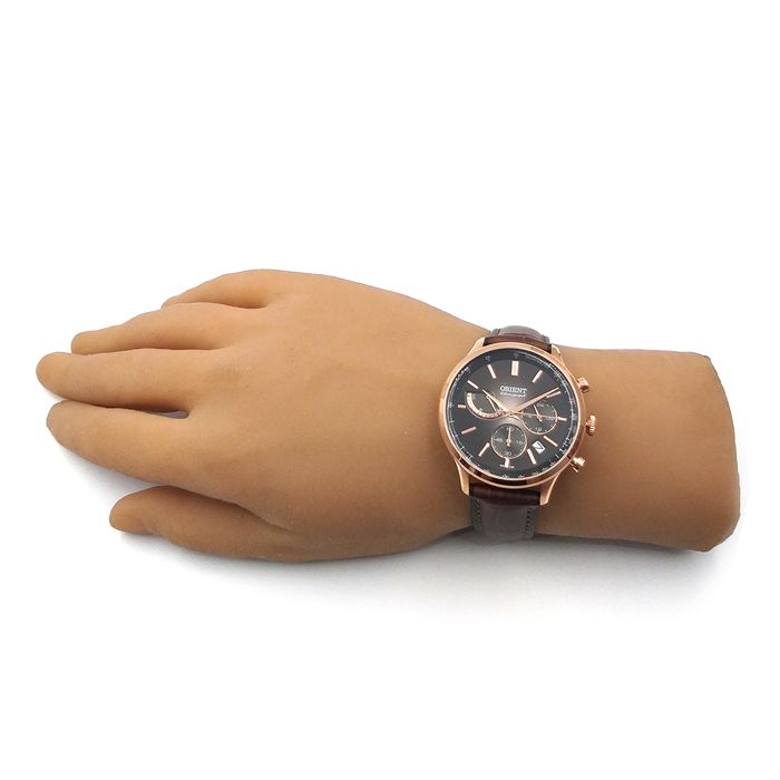 Relógio ORIENT masculino cronógrafo rosê couro MRSCC026 G1NX