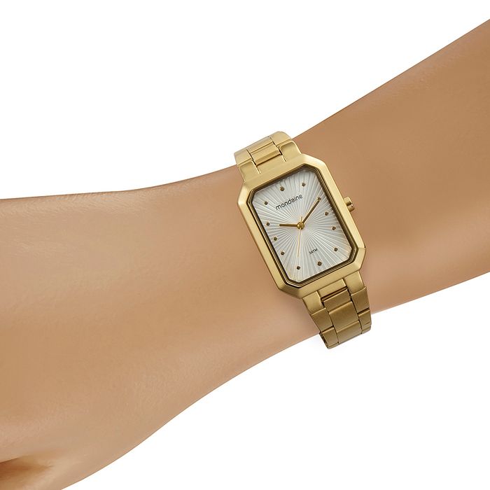 Relógio MONDAINE retangular dourado feminino 53766LPMVDE3 - aconfianca
