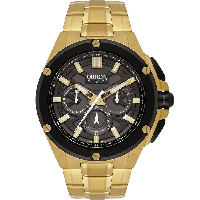 Relógio ORIENT masculino cronógrafo dourado preto MGSSC052 G1KX