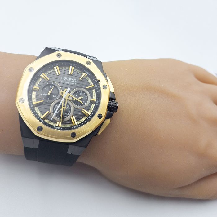 Relógio ORIENT borracha dourado masculino MTSPC018 G1PX - aconfianca
