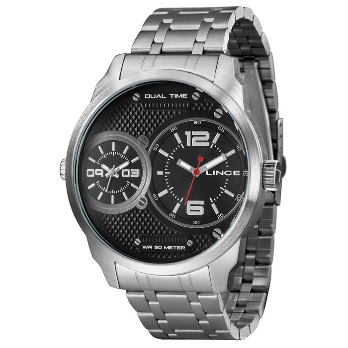 Relógio LINCE masculino dual time prata preto MRMH162L P2SX