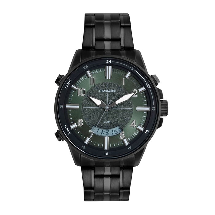 Relógio MONDAINE masculino anadigi preto verde 32855GPMVPE3