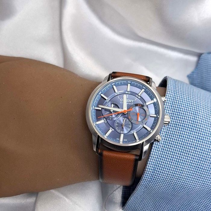 Relógio ORIENT masculino cronógrafo prata azul MTSCC047 A1MX